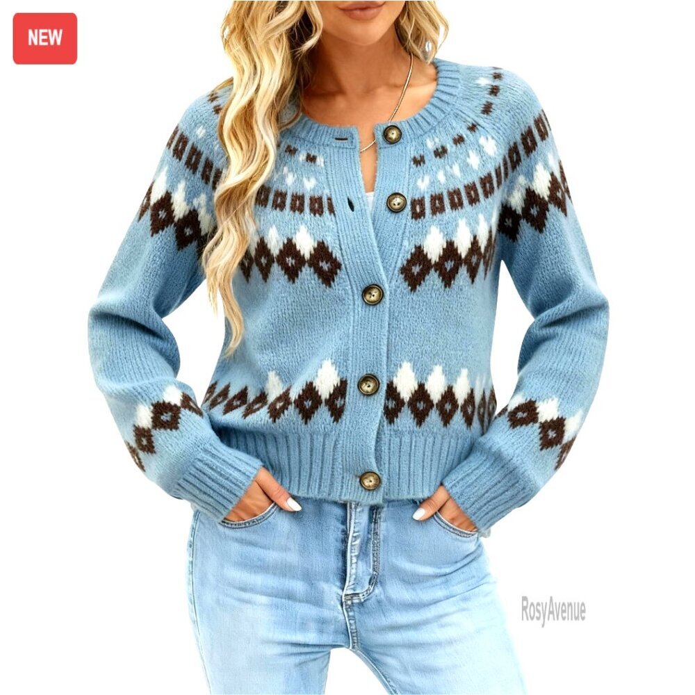 Fair Isle Cropped Cardigan Chunky Knit Crewneck Long Sleeve Sweater Cozy Fall